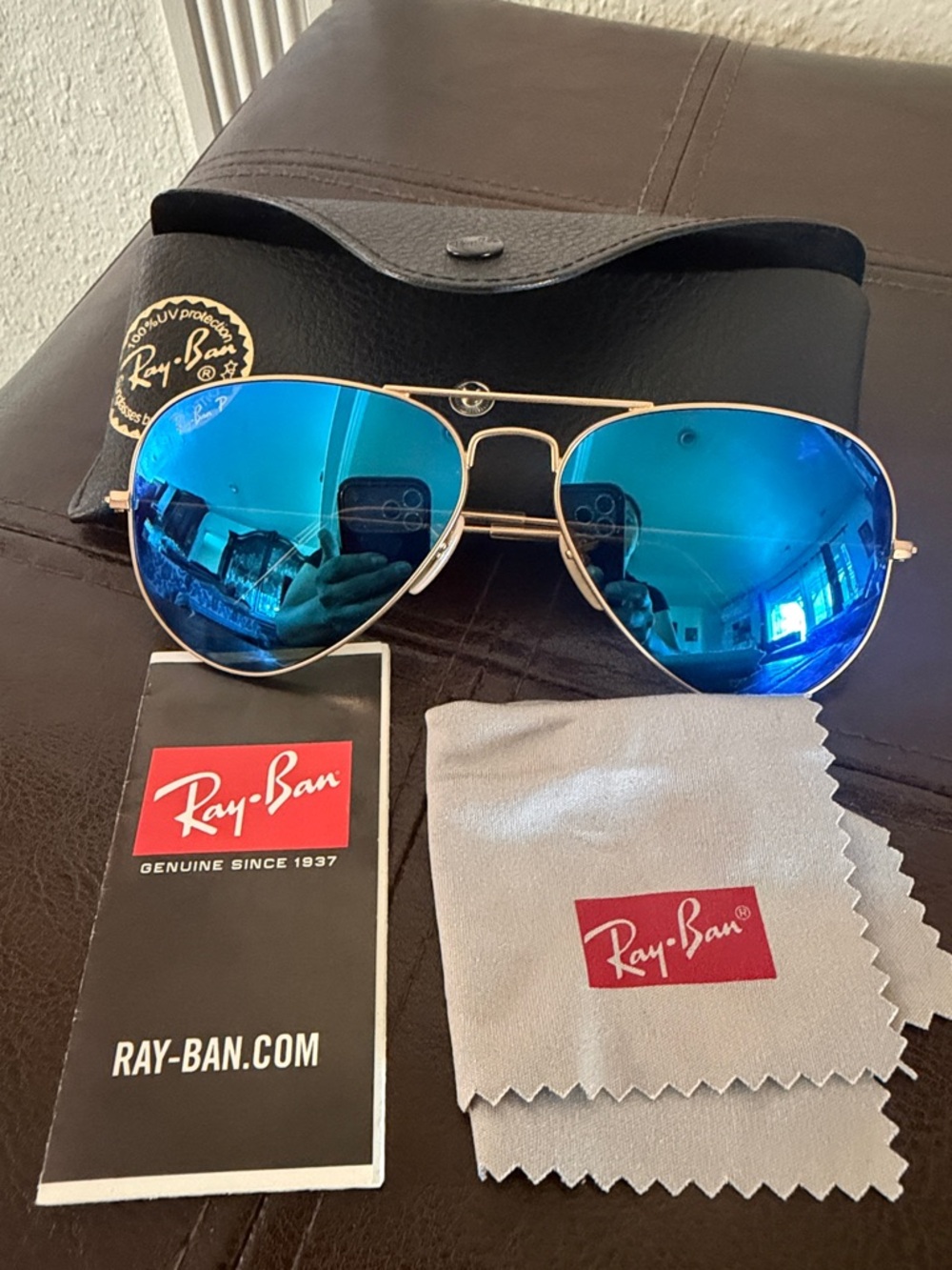 Ray-Ban Gold Frame Aviator Sunglasses with Blue Mirrored Lenses - Picture 6 of 9